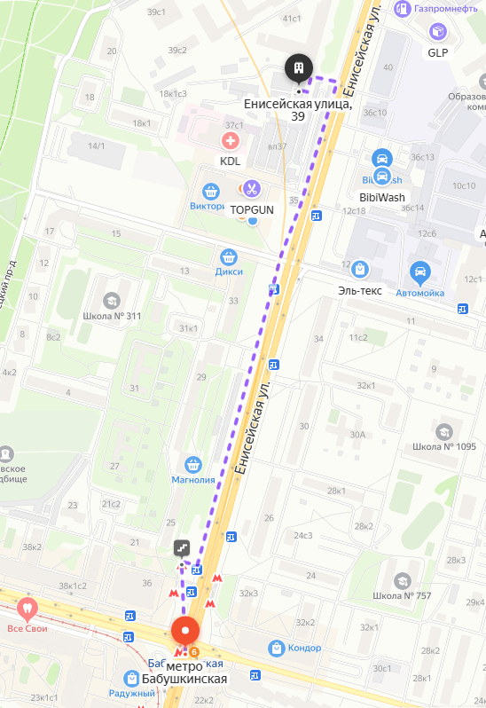 Схема проезда на картах Яндекса Енисейчася улица 39
